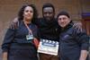 L-R: Producer Tamara Mariam Dawit, director Abraham Gezahagne, sound recordist Amrin Badde  on the set of 'Mehal Sefari' in Addis Ababa, Ethiopia.