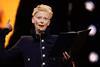 Tilda Swinton speaks after receiving her Honorary Golden Bear award onstage during the opening ceremony of the 75th Berlin International Film Festival