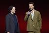 Edgar Wright and Glen Powell promoting 'The Running Man' onstage at Paramount's CinemaCon presentation.