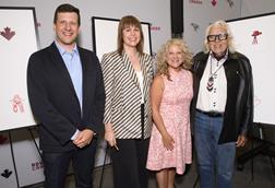 (from left to right): Justin Cutler (Ontario film commissioner, Ontario Creates), Kerry Swanson (CEO, Indigenous Screen Office), Julie Roy (executive director & CEO, Telefilm Canada) and Dr. Duke Redbird (Elder from the Saugeen Ojibway Nation)