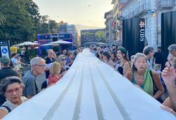 Gaza protest shroud being held up at Locarno Film Festival
