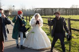 Kristen Stewart and Pablo Larrain during the filming on 'Spencer'