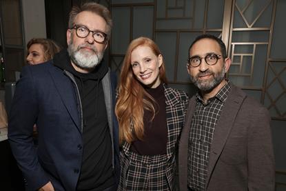 Ketchup Entertainment CEO Gareth West, Jessica Chastain, and Ketchup CFO Artur Galstian at a December tastemaker screening for 'Memory'