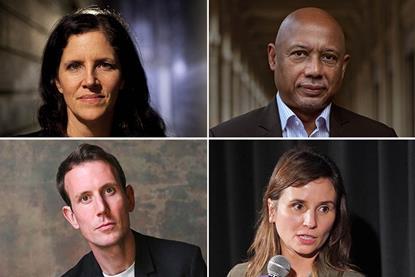 Clockwise from top left: Laura Poitras, Raoul Peck, Petra Costa, James Jones