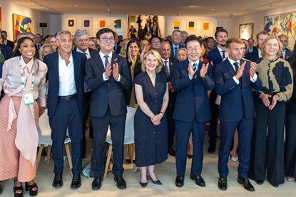 Dignitaries including George Clooney, South Korea's President Lee Jae-myung and French President Emmanuel Macron during the Lumière Summit meeting