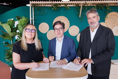 Ventana Sur co-heads in Cannes (L-R): Gisella Previtali, president of Uruguay’s ACAU; Guillaume Esmiol, executive director Cannes Marché du Film; Ralph Haiek Ventana Sur executive director