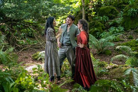 Chloe Zhao with Paul Mescal and Jessie Buckley on the set of 'Hamnet'