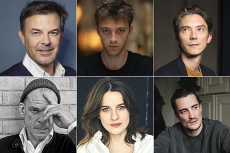 [Clockwise from top left:] Francois Ozon, Benjamin Voisin, Swann Arlaud, Pierre Lottin, Rebecca Marder, Denis Lavant