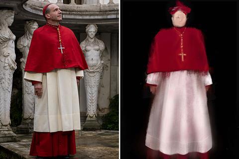 Ralph Fiennes plays Cardinal Lawrence, and (right) a sketch for his costume