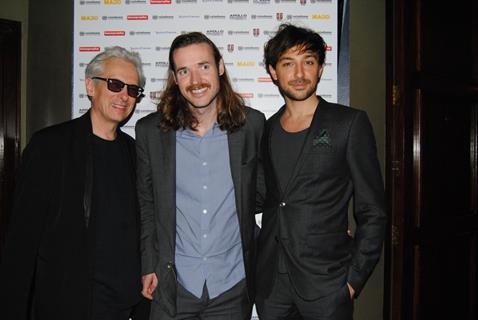 Raindance Festival Director Elliot Grove with Mike Cahill and Alex Zane at the Raindance opening night party at the Café de Paris.