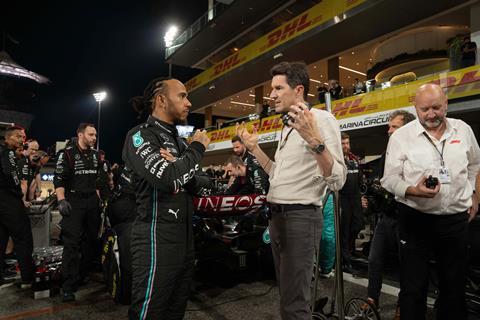 (L-R): Seven-time Formula 1 champion and F1 producer Lewis Hamilton with writer-director Joseph Kosinski