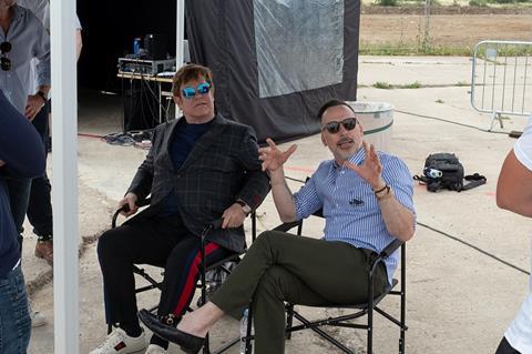 Elton John and David Furnish on 'Rocketman' set