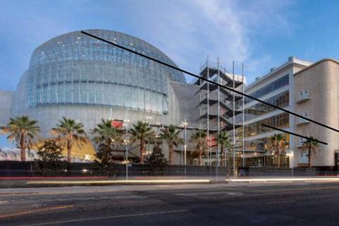 Exterior of Academy Museum's sphere building and part of Saban Building