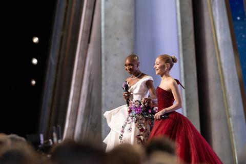 Cynthia Erivo and Ariana Grande performing at the 97th Academy Awards