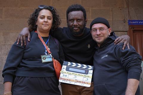 L-R: Producer Tamara Mariam Dawit, director Abraham Gezahagne, sound recordist Amrin Badde  on the set of 'Mehal Sefari' in Addis Ababa, Ethiopia.