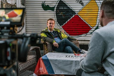 (L-R): Crew member Hamish Harding being interviewed by Aron Arngrimsson
