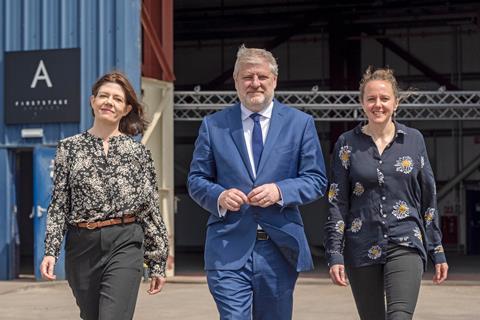 Screen Scotland executive director Isabel Davis, culture secretary Angus Robertson, BE United CEO Emma Picken