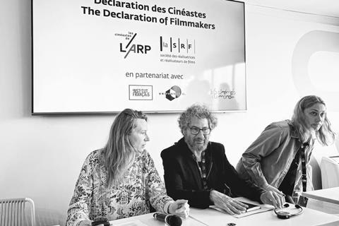 (L-R:): Marine Francen (SRF), Radu Mihaileanu, Laure de Clermont Tonnerre in Cannes