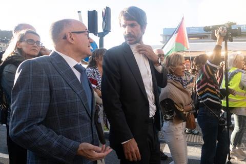 (L-R): San Sebastian Film Festival director José Luis Rebordinos, Spain’s minister of culture Ernest Urtasun at Tuesday's march
