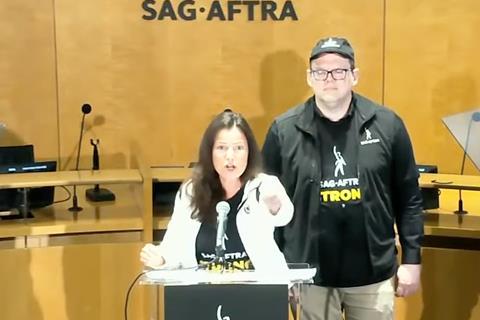 SAG-AFTRA president Fran Drescher and national executive director and chief negotiator Duncan Crabtree-Ireland at Thursday's press conference.
