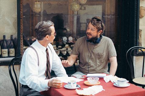 Brady Corbet and Guy Pearce on the set of 'The Brutalist'