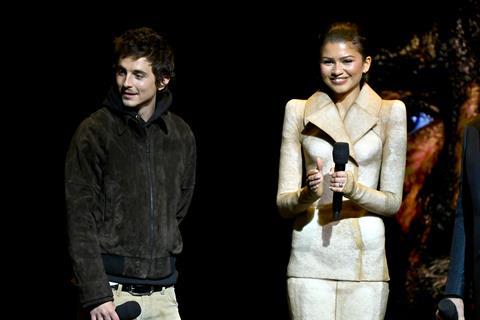 (L-R) Timothée Chalamet and Zendaya at 2026 CinemaCon
