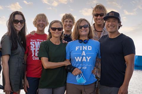 The 'Nyad' team of director Elizabeth Chai Vasarhelyi, Annette Bening, Jodie Foster, Diana Nyad, coach Bonnie Stoll, actor Rhys Ifans and director Jimmy Chin