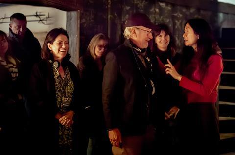 Pippa Harris (left) with Steven Spielberg, Liza Marshall and director Chloe Zhao on the set of 'Hamnet'