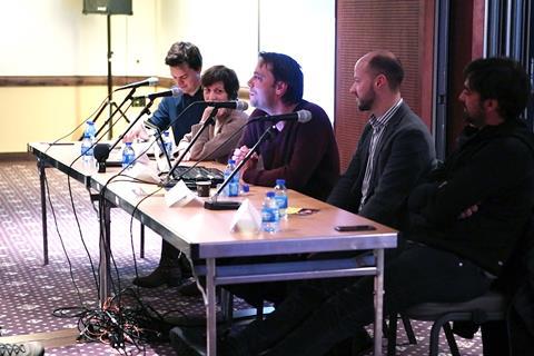 Tom grater (moderator, screen international), sylvie el sayegh, christophe bruncher, fabian gasmia and charles gillibert