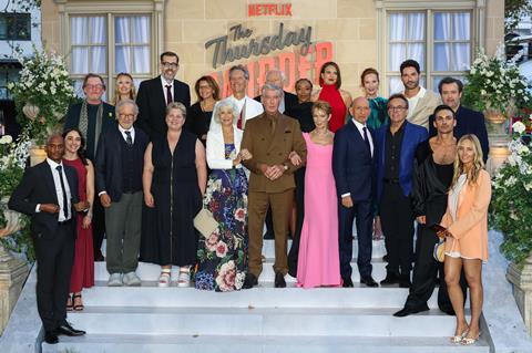 'The Thursday Murder Club' cast and crew with Steven Spielberg at the UK premiere.