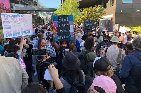 Protestors gather outside Netflix offices in Hollywood