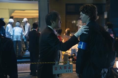 Ken Watanabe and Ansel Elgort in Tokyo Vice