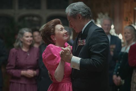 Lesley Manville as Princess Margaret and Timothy Dalton as Peter Townsend in season 5 of 'The Crown'