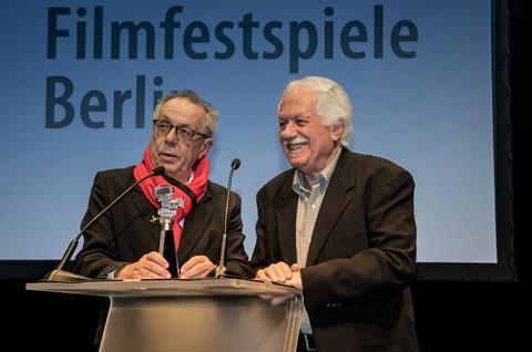 Dieter Kosslick presenting Katriel Schory with his Berlinale Camera award in 2018