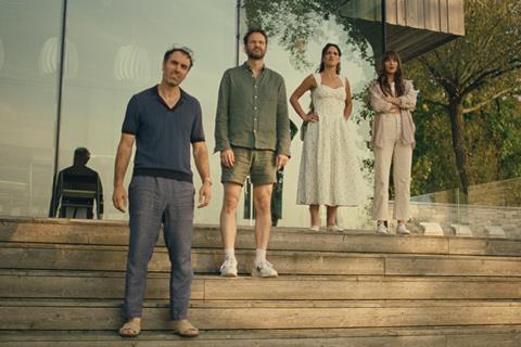 (L-R: Michael Angelo Covino, Kyle Marvin, Adria Arjona, and Dakota Johnson in 'Splitsville'