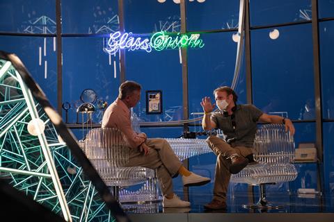 Daniel Craig and Rian Johnson on the 'Glass Onion: A Knives Out Mystery' set