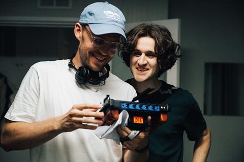 Harry Lighton and Harry Melling on the 'Pillion' set