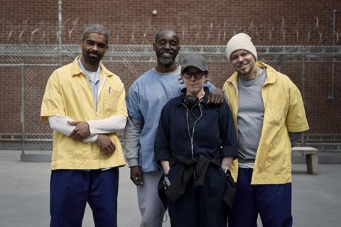 Kingsley Ben-Adir, Rob Morgan, Petra Volpe, Rene Perez Joglar on set of 'Frank & Louis'
