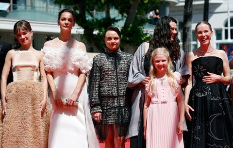 Lea Drinda, Luise Heyer, Lena Urzendowsky, Hanna Heckt, German director Mascha Schilinski and Susanne Wuest at the Cannes premiere of 'Sound Of Falling'