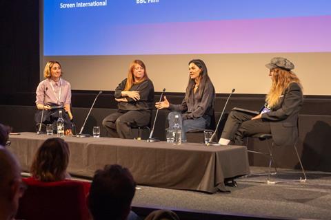 Louise Tutt (Screen International) with Eva Yates (BBC Film), Farhana Bhula (Film4) and Mia Bays (BFI) at the 2025 Screen Summit
