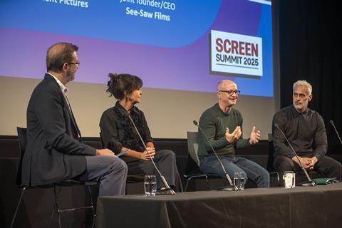 Matt Mueller (Screen International) with Liza Marshall (Hera Pictures), Ed Guiney (Element Pictures), Iain Canning (See-Saw Films) at the 2025 Screen Summit