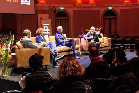 Mila Turajlic, Fabrice Puchault, Bero Beyer, Orwa Nyrabia at the Being Europe, seeing Europe IDFA talk