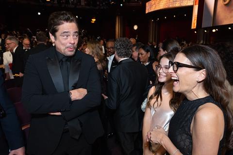 Benicio del Toro and Pam Abdy attend the 98th Oscars