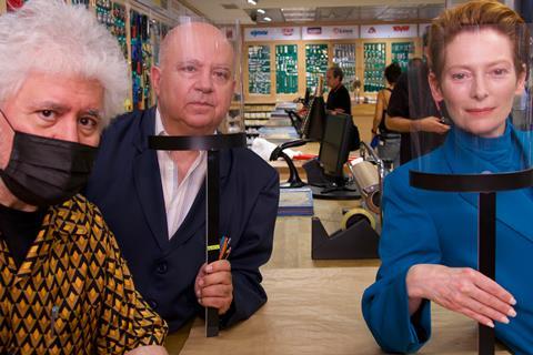 Pedro Almodovar, Augustin Almodovar and Tilda Swinton_on the Madrid set of The Human Voice