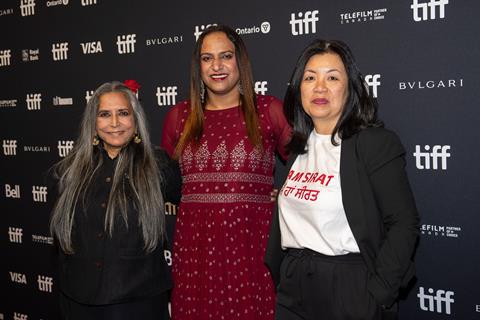 (L-R) Deepa Mehta,'I Am Sirat' co-director and subject Sirat Taneja, and TIFF chief programming officer Anita Lee in 2023