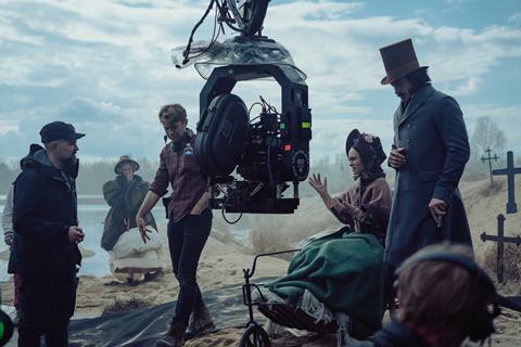 Director Robert Eggers (left) on location with Emma Corrin, Blaschke, Lily-Rose Depp and Aaron Taylor-Johnson
