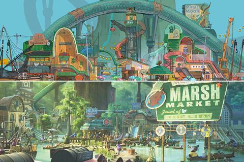 Concept art (top) and final version (below) for 'Zootopia 2' Marsh Market sequence