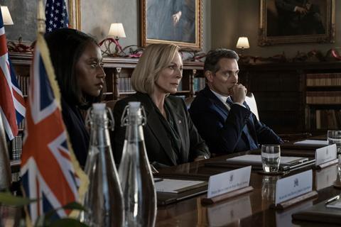 Allison Janney with Nana Mensah and Rufus Sewell on the set of 'The Diplomat'