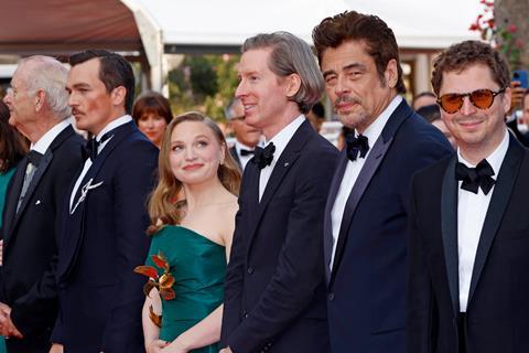 Wes Anderson and his starry cast including (from left) Bill Murray, Rupert Friend, Mia Threapleton, Benicio del Toro and Michael Cera at the premiere of 'The Phoenician Scheme'