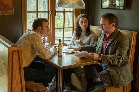Chris Evans, Ana de Armas and Rian Johnson on the set of 'Knives Out'
